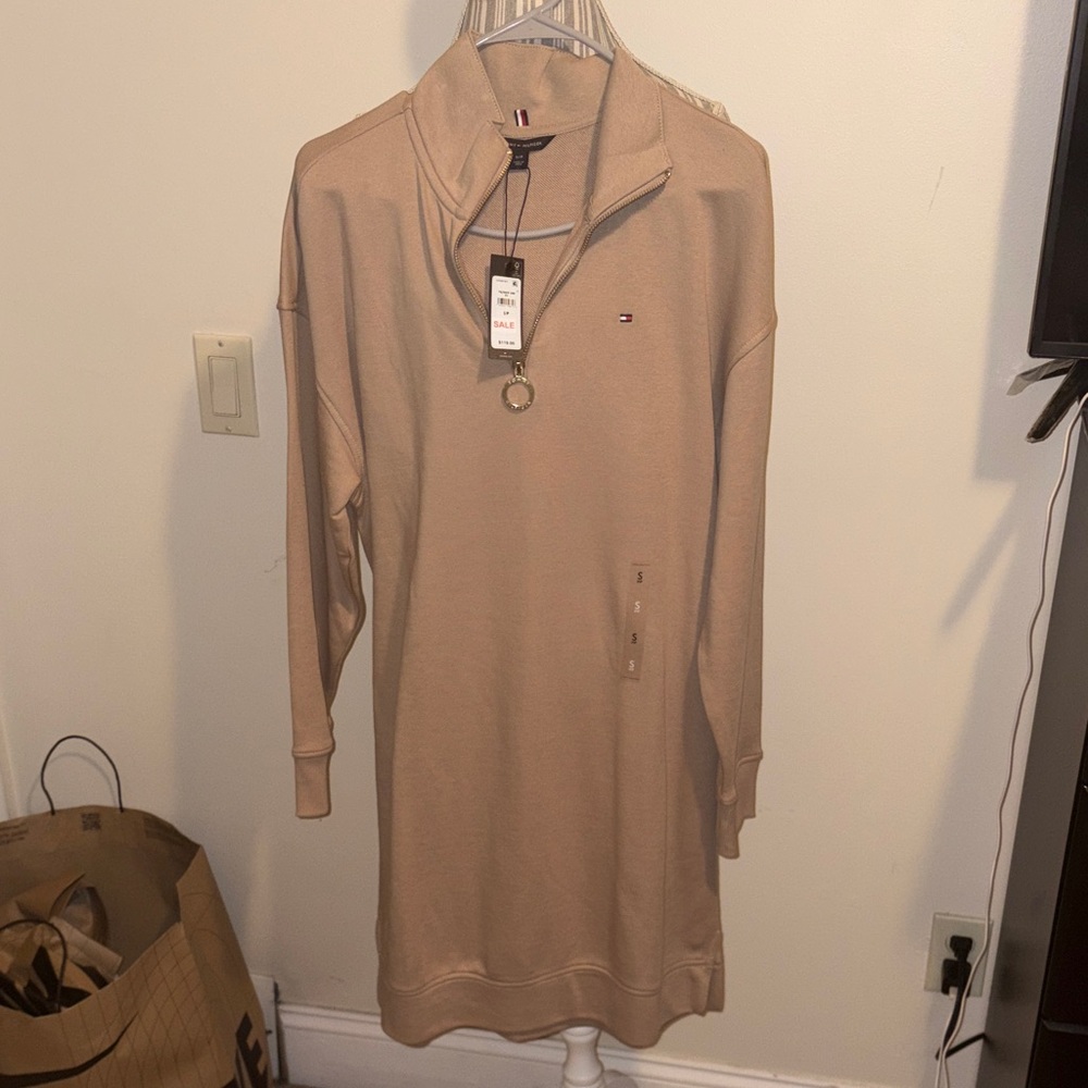 Tommy Hilfiger Beige Quarter-Zip Sweater Dress